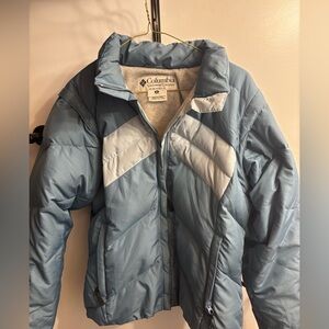 Columbia Light Blue Chevron Puffer Jacket with zip off sleeves